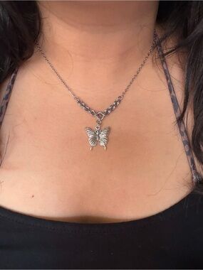 Large Silver Butterfly Charm Pendant Necklace